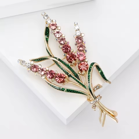Anthropologie Jewelry - Gold-Tone Pink Crystal Floral Spray Brooch